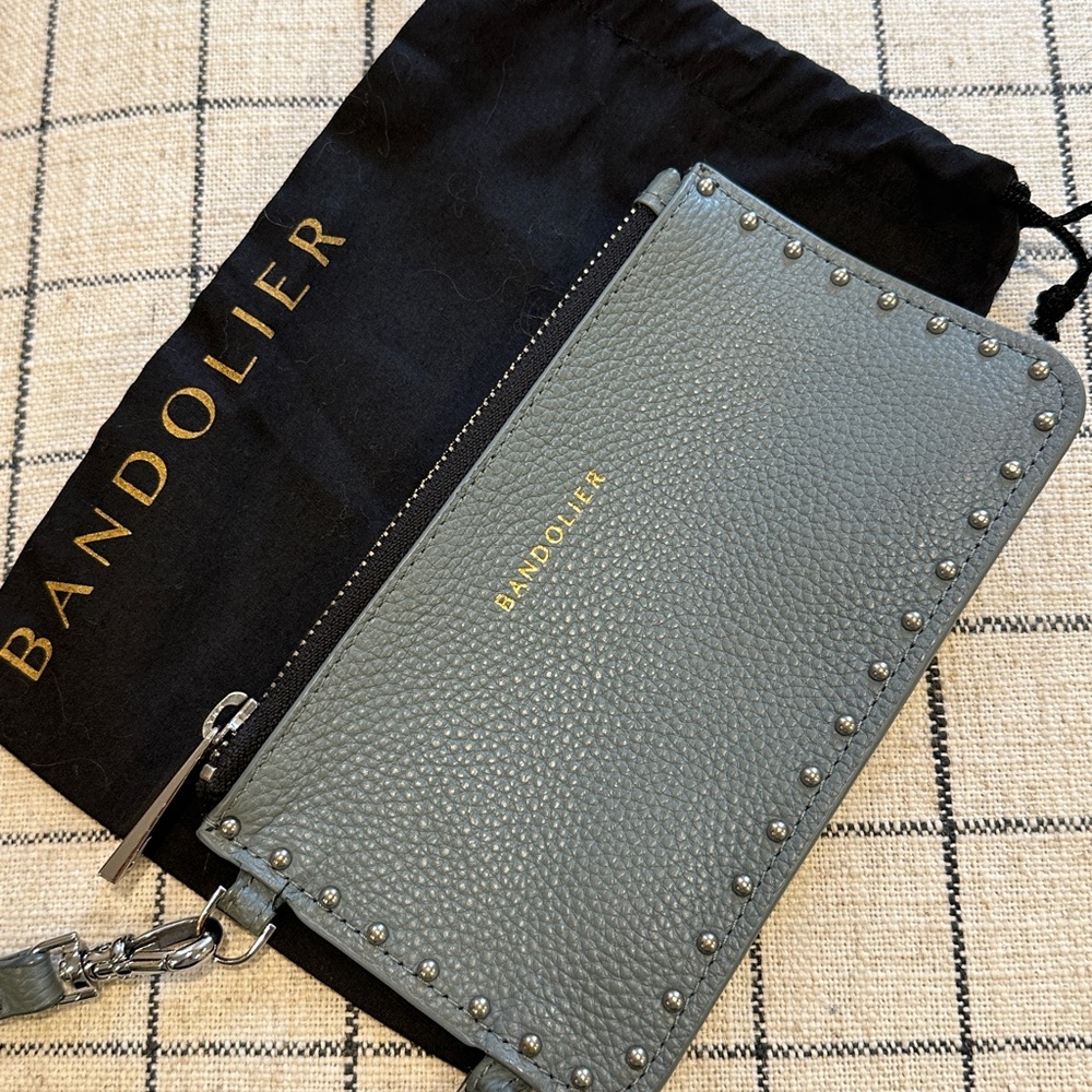 Bandolier Pebble Leather Mini-Round stud zip pouch crossbody strap Storm Silver
